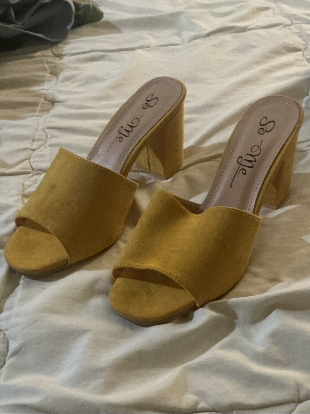 So Me Mustard Suede Open-Toe Block Heel Mules